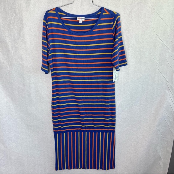 LULAROE Julia Dress Large RAYON SOFT Blue Orange Striped SPORTS TEAM COLORS NWT - Picture 1 of 3